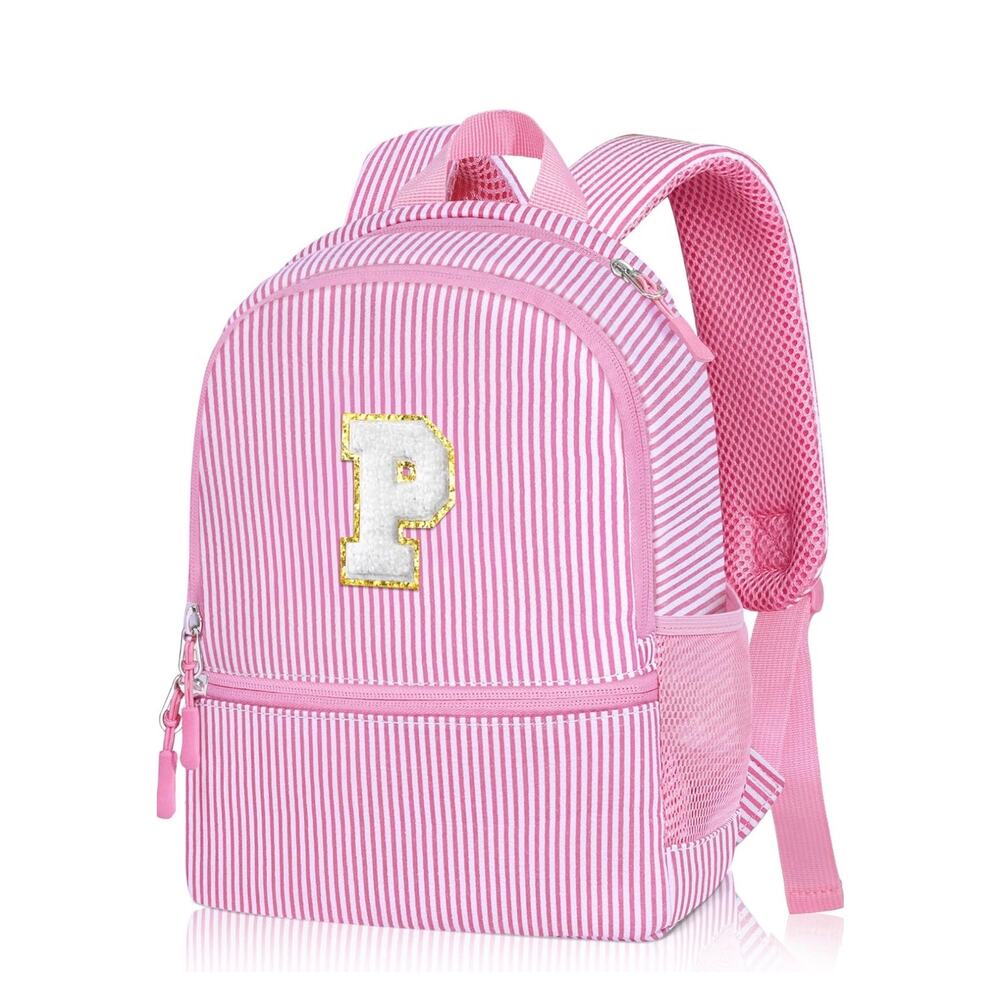 Pink Seersucker Kids Backpack with Initial Letter | Toddler Preschool Girl Bag